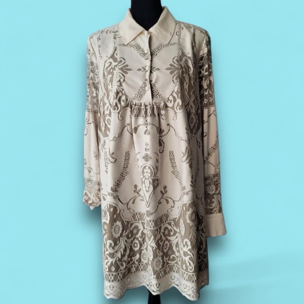 Anna Sui Lace Pattern Cream Beige Babydoll Short Tunic Dress